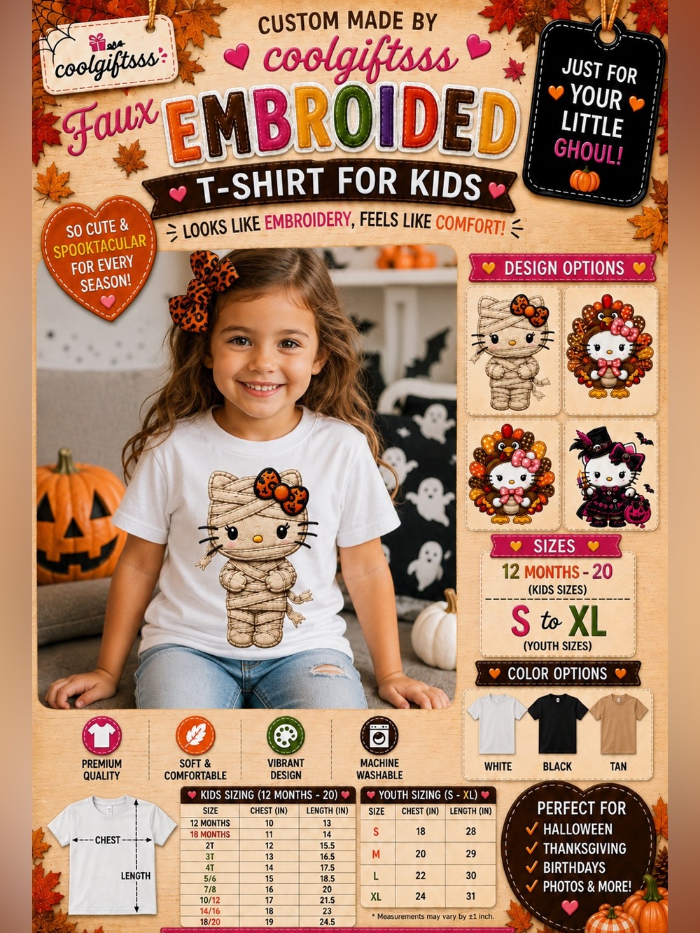 Hello Kitty Halloween t-shirt- kids, pick 1 New S M L XL. Faux embroidered